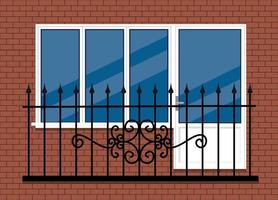 weißes kunststoff-pvc-fenster mit tür und balkon mit balkonschiene aus schwarzem metall, frontansicht. getrennt auf einem roten braunen Backsteinmauerhintergrund. flaches Design im Cartoon-Stil. vektor