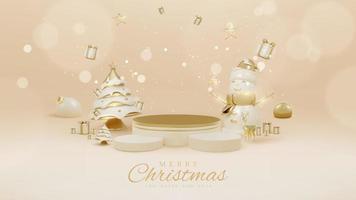 produktpräsentationspodium mit 3d-realistischen weihnachtsschmuckstücken und funkelnden lichteffekten mit bokeh-dekorationen und schnee. Vektor-Illustration. vektor