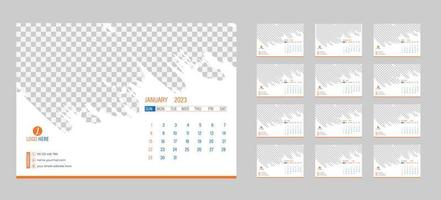 desktop-monatsfotokalender 2023. einfaches monatliches horizontales fotokalenderlayout für das jahr 2023 in englisch. Cover-Kalender und 12-Monats-Vorlagen. Woche beginnt ab Montag. Vektor-Illustration vektor
