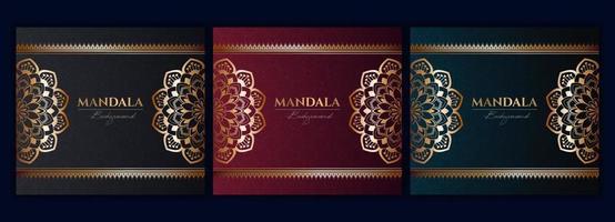 uppsättning av abstrakt guld lyx mandala bakgrund vektor mall, cirkulär dekorativ arabesk mönster för affisch, omslag, broschyr, flygblad. röd, grön, blå bakgrund med etnisk blommig mandala element
