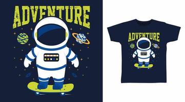 Astronaut mit Skateboard-Cartoon-T-Shirt-Kunstdesign vektor