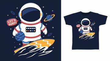 Astronaut, der Cartoon-T-Shirt-Kunstdesign surft vektor