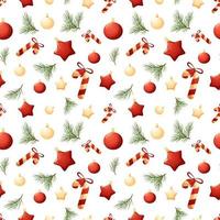 weihnachtsmuster mit lutschern, weißen und roten weihnachtsbaumspielzeugen auf weißem hintergrund vektor