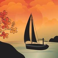 Segelboot-Illustration. Sonnenuntergang oder Sonnenaufgang am Meer. Boot am Ozean. Vektor-Illustration vektor