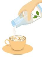 kaffee mit pflanzlicher milchillustration, milch von hand aus einer flasche gießen vektor