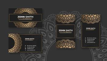 lyx svart företag kort med gyllene mandala dekoration mönster, ljus blommig dekorativ element vektor