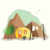 en husvagn på hjul i de berg. illustration av camping vektor