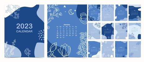 2023 Tischkalenderwoche beginnt am Sonntag mit blauer Blume vektor