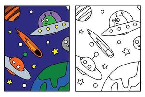süßes ufo und raumschiff, das im weltraum fliegt, malseite für kinder, die bildung zeichnen. einfache karikaturillustration im fantasiethema für malbuch vektor