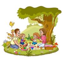 Lycklig familj på en picknick. pappa, mamma, son och dotter är vilar i natur. vektor illustration i en platt stil