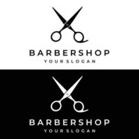 kreatives und einfaches klassisches friseursalon scherenschablonenlogodesign lokalisiert auf schwarzem und weißem hintergrund. für geschäft, friseursalon, salon, schönheit. vektor