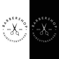 kreatives und einfaches klassisches friseursalon scherenschablonenlogodesign lokalisiert auf schwarzem und weißem hintergrund. für geschäft, friseursalon, salon, schönheit. vektor