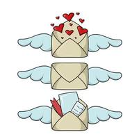 Eine Reihe farbiger Symbole, ein wunderschöner romantischer Vintage-Umschlag mit Flügeln und Herzen im Cartoon-Stil, eine Liebeserklärung, Vektorillustration vektor