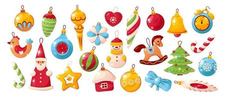 jul träd dekorationer. dekorativ leksaker suspenderad på snören. traditionell jul Tillbehör. tecknad serie vektor illustration