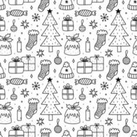 söt xmas sömlös mönster med gåvor, grannlåt, jul pudding, gran träd, strumpor, ljus, godis, snöflingor, stjärnor. vektor ritad för hand klotter illustration. perfekt för omslag papper, dekorationer.
