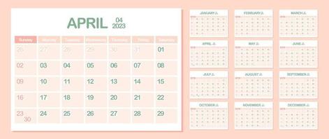 vägg kalender 2023. april. vecka börjar på söndag. en gång i månaden kalender mall. design företags- planerare. landskap orientering. kontor företag planera. pastell Färg. vektor illustration