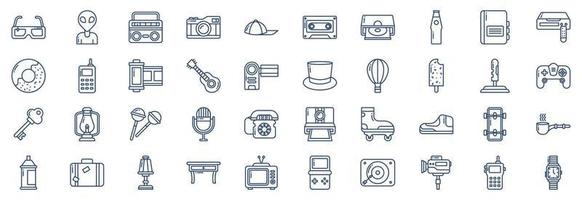 Sammlung von Symbolen im Zusammenhang mit Retro-Objekten, einschließlich Symbolen wie Alien, Boombox, Kamera, Kassette, Donut und mehr. vektorillustrationen, pixelperfekter satz vektor