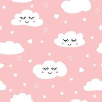 ljuv rosa sömlös mönster vit sovande moln stjärnor hjärtan på rosa bakgrund vektor illustration hand dragen upprepad slå in tapet omslag tyg trasa textil- design swatch flicka bebis dusch.
