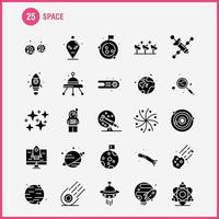 Raumfeste Glyphensymbole, die für Infografiken, mobiles Uxui-Kit und Druckdesign festgelegt wurden, umfassen Raketenraumtransport Mondplanetenraumraumschiff-Teleskop-Symbolsatzvektor vektor