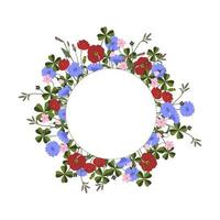 Runder Kranz Rahmen Sommer Wildblumen und Kräuter, Vektor bunte Illustration auf weißem Hintergrund, Platz für Text in der Mitte