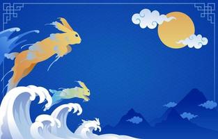 kinesisk ny år bakgrund med vatten kanin och moln vektor