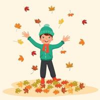Lycklig liten pojke spelar utanför med fallen löv i höst vektor