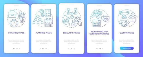 faser av projekt förvaltning blå lutning onboarding mobil app skärm. genomgång 5 steg grafisk instruktioner med linjär begrepp. ui, ux, gui mall. vektor