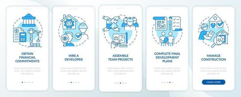 hinweise für die wohnungsentwicklung blauer onboarding-bildschirm der mobilen app. Komplettlösung 5 Schritte editierbare grafische Anweisungen mit linearen Konzepten. ui, ux, gui-Vorlage. vektor