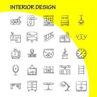 handgezeichnete symbole für die innenarchitektur, die für infografiken, mobiles uxui-kit und druckdesign eingestellt sind, umfassen schlafzimmer, schrank, möbel, haus, garderobe, fernseher, tv-haus, symbol-set, vektor