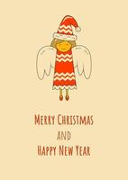 söt jul ängel i röd klänning och hatt med prydnad glad jul och Lycklig ny år hälsning kort eller bakgrund i retro stil vektor