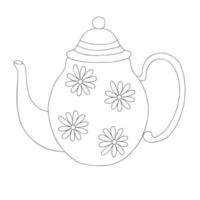 Teekanne mit Blumen dekoriert einfache Doodle-Umrissvektorillustration, Küchengerät für die Zubereitung von Heißgetränken Tee, Kaffee, handgezeichnetes Gestaltungselement vektor