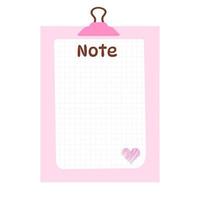 süße rosa Notizvorlage zum Planen mit Clip und Herz. gemütliche Gestaltung von Stundenplan, Tagesplaner oder Checkliste. vektor handgezeichnete illustration.