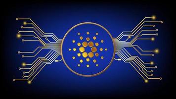 guld cardano ada kryptovaluta symbol i cirkel med pcb spår på mörk bakgrund. design element i techno stil för hemsida eller baner. vektor illustration.