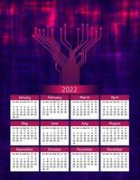 Vertikaler futuristischer Jahreskalender 2022 mit Leiterplattenspuren, Woche beginnt am Sonntag. Jährliche große Wandkalender bunte moderne digitale Illustration in Rot und Blau. a4 US-Letter-Papierformat. vektor