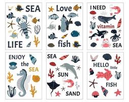 Meeresplakat und Postkarte für Kinder. Cartoon-Meerestiere, Fische, Algen und Muscheln. geeignet für Grußkartendesign, T-Shirt-Design, Kinderzimmerdekoration. Vektor. vektor