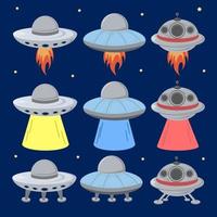 ufo illustration set landeposition fliegt aus dem feuer und strahlt darunter licht aus vektor