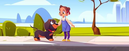Kleines Mädchen streichelt süßen Dackelhund auf der Straße vektor