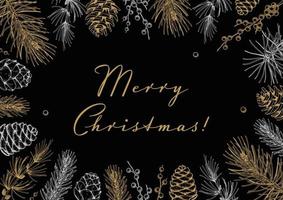 glad jul och Lycklig ny år horisontell hälsning kort med hand dragen gyllene gran träd brandhes och kottar. vektor illustration i skiss stil. festlig bakgrund