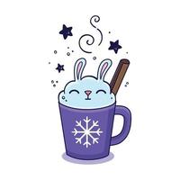 weihnachtsgetränk dekoriert als schlagsahnehase mit einer zimtstange. Winter-Heißgetränk im Doodle-Stil. handgezeichnete Abbildung. milchshake hase, kaninchen, tierkreissymbol des chinesischen neujahres vektor