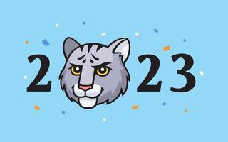 2023 år text med katt huvud och konfetti, Lycklig ny år vykort mall. symbol av lunar ny år. vektor