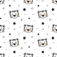 söt scandinavian sömlös mönster med liten tiger ansikte, stjärnor och prickar i klotter stil. vektor illustration - tecknad serie tiger.