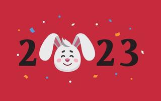 das Jahr des Hasen-Tierkreises. 2023-jähriger text mit kaninchenkopf und konfetti, chinesische neujahrspostkarte. symbol des neuen mondjahres. vektor