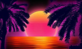 3D-Sonnenuntergang am Strand. Retro-Palmen-Vektor-Sci-Fi-Hintergrund mit Ozean. Sonnenreflexion im Wasser. futuristische Landschaft im Stil der 1980er Jahre. Cyber-Oberfläche der digitalen Landschaft. Partyhintergrund der 80er Jahre. vektor