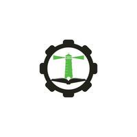 Buch- und Leuchtturm-Getriebe-Form-Konzept-Logo-Design-Vorlage. Buch-Leuchtturm-Symbol vektor