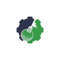 golf och gaffel redskap form begrepp logotyp design mall. golf restaurang logotyp design vektor