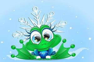 niedliches Cartoon-Weihnachtsfroschmädchen im glänzenden blauen Kostüm der Schneeflocke vektor