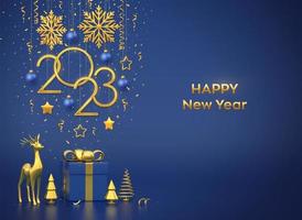 Lycklig ny 2023 år. hängande gyllene metallisk tal 2023 med snöflingor, stjärnor, bollar på blå bakgrund. gåva lådor, guld rådjur och metallisk tall eller gran, kon form gran träd. vektor illustration