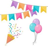 uppsättning av fest design element. färgrik ballonger, flaggor, konfetti, cupcakes, gåvor, ljus, bågar och dekorativ band. vektor