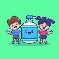 niedlicher junge und mädchen mit händedesinfektionsflasche cartoon vektor symbol illustration. Menschen Gesundheit Symbol Konzept isoliert Premium-Vektor. flacher Cartoon-Stil