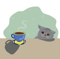 eine Tasse Kaffee und eine Katze, die an einem Tisch sitzt vektor